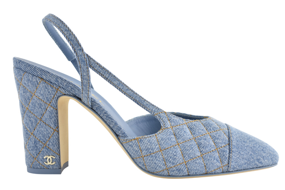 Chanel 26B Light Blue Denim Quilted Coco Sling Slingback Block Heel Pump 38.5c
